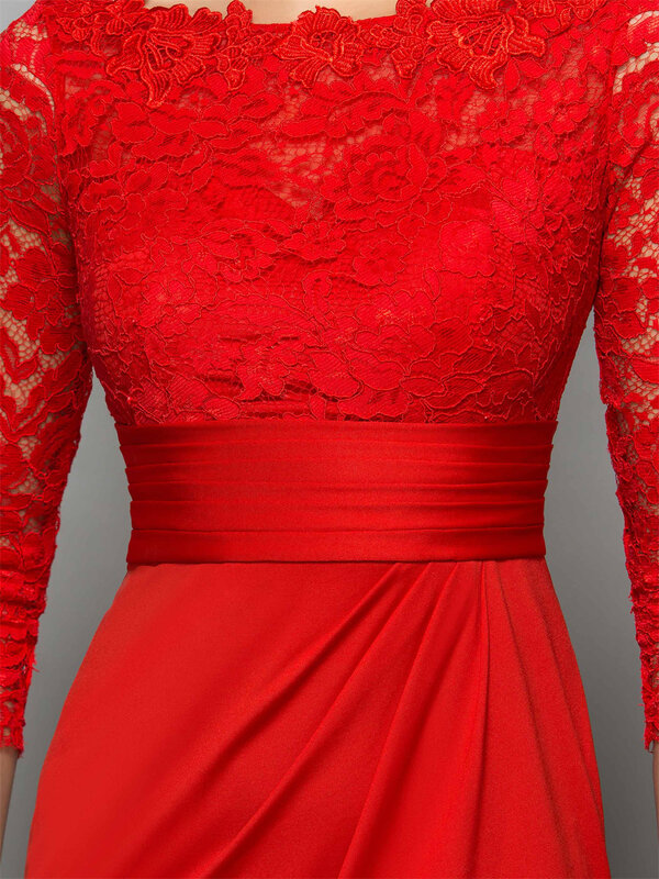 ปุ่ม3/4ความยาวแขน Bateau เข่า-ความยาวค็อกเทลชุดลูกไม้สีแดง Scoop คอเสื้อคลุม De Soirée Vestidos Elegantes Para mujer