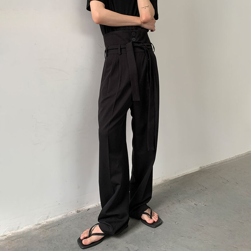 Pantaloni Casual da uomo in stile coreano con cintura a vita alta Streetwear Sild Staight Pants Ribbon Retro Vintage Harajuku Suit Pant