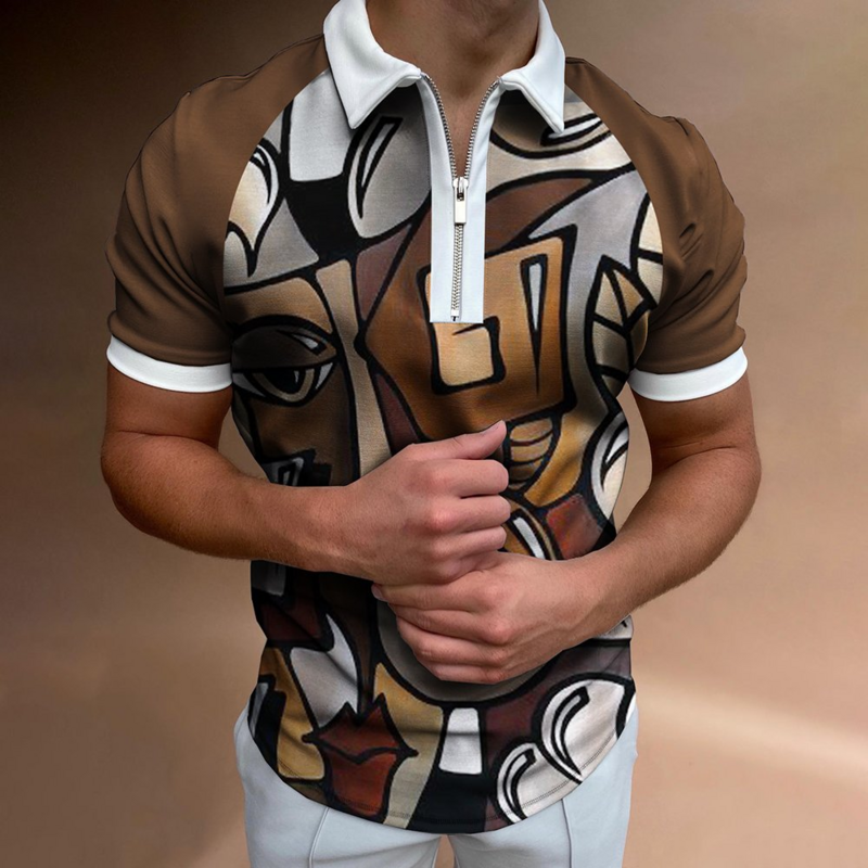High Quality Summer Men Polo Shirts Grid Stripe Print pattern Casual Short Sleeve Mens Shirts Turn-Down Collar Zipper T-shirt