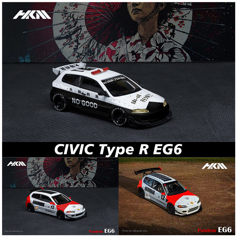 HKM-Rocket Bunny CIVIC Type R EG6, modelo de coche Diorama de aleación roja y blanca, policía japonesa, colección de coches en miniatura, 1:64