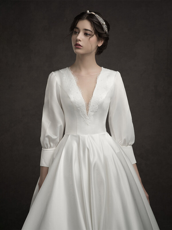 Gaun Pernikahan Satin Putih Wanita Musim Panas-Rok Pinggang Tinggi Lengan Panjang Leher V Elegan