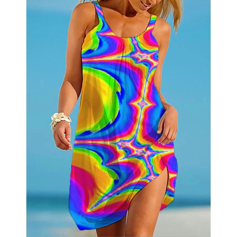 Nova moda gradiente gráfico sexy vestido de praia 3d impressão mulheres vestidos sem mangas hawaii vintage beachwear meninas estilingue noite vestido