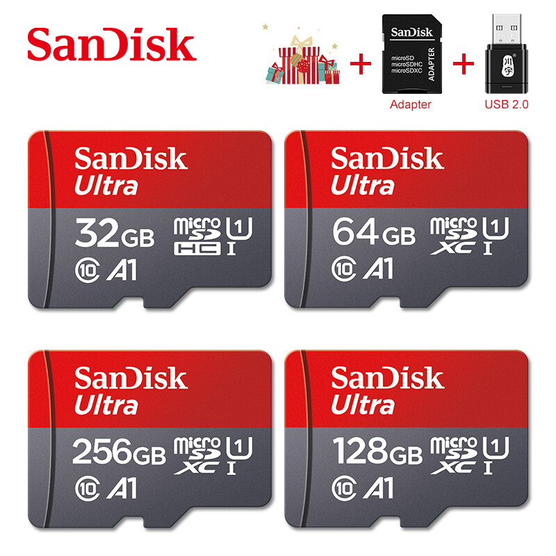 Kartu TF Memori SanDisk Class10 256GB 128GB 64GB 32GB Ultra A1 SDXC 120 MB/s UHS-I Flash Mikro SDCard + Adaptor + Pembaca Kartu