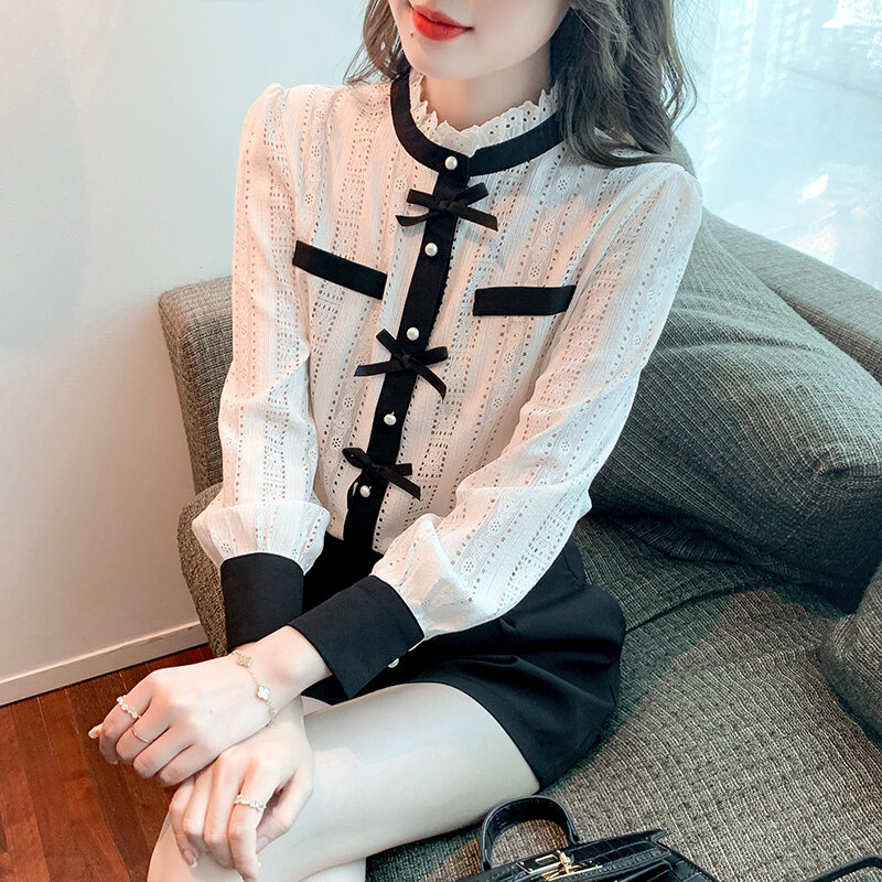 Color Contrast Women Shirt Hollow Out Pearl Buttons Long Puff Sleeve Stand Neck Elegant Blouse Female Tops Blusas Mujer De Moda