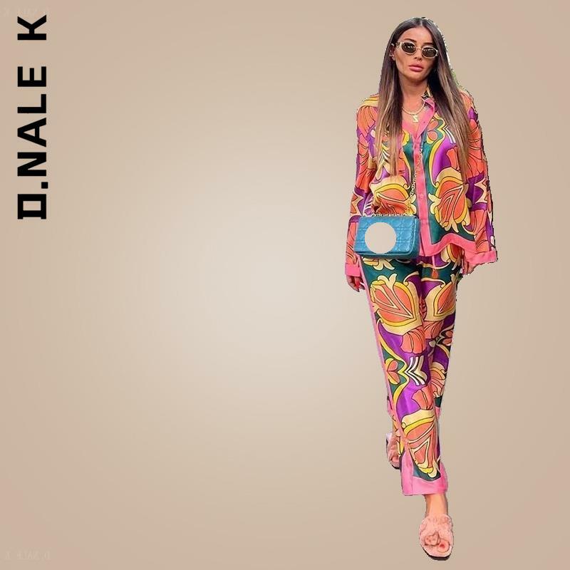 D.Nale K 2022 New Elastic Waist Straight 2 Piece set Suit New Fashion Print Elegant Women's Suit Casual Chic Youth Vacation