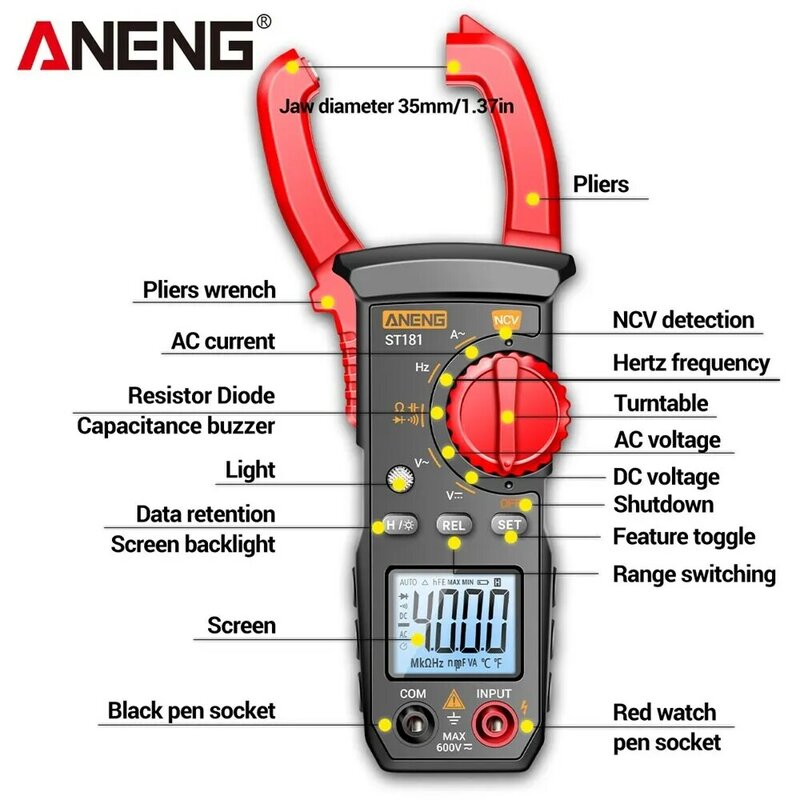 ANENG ST181 Clamp Meter Digital Multimeter DC/AC Voltage 4000 Counts Current Ammeter Tester Car Amp Hz Capacitance NCV Ohm Test