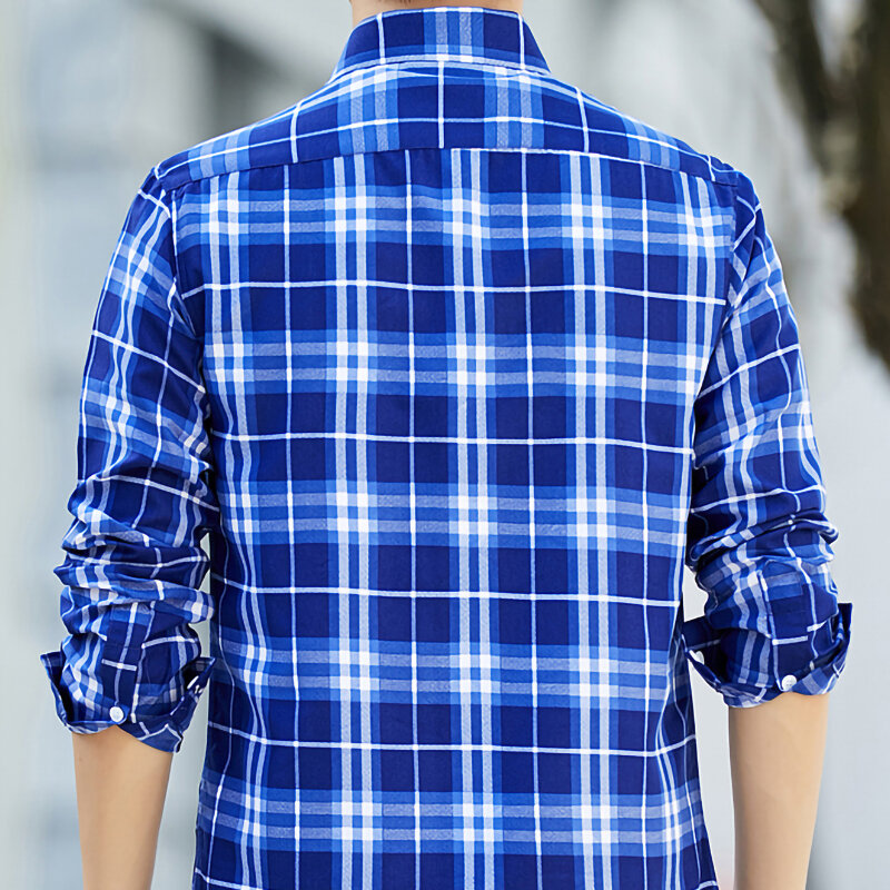 UYUK męska koreańska krata koszula z długim rękawem Slim przystojny Trend nastoletnie koszule Slim duże rozmiary koszule dla mężczyzn niebieskie koszule w szkocką kratę