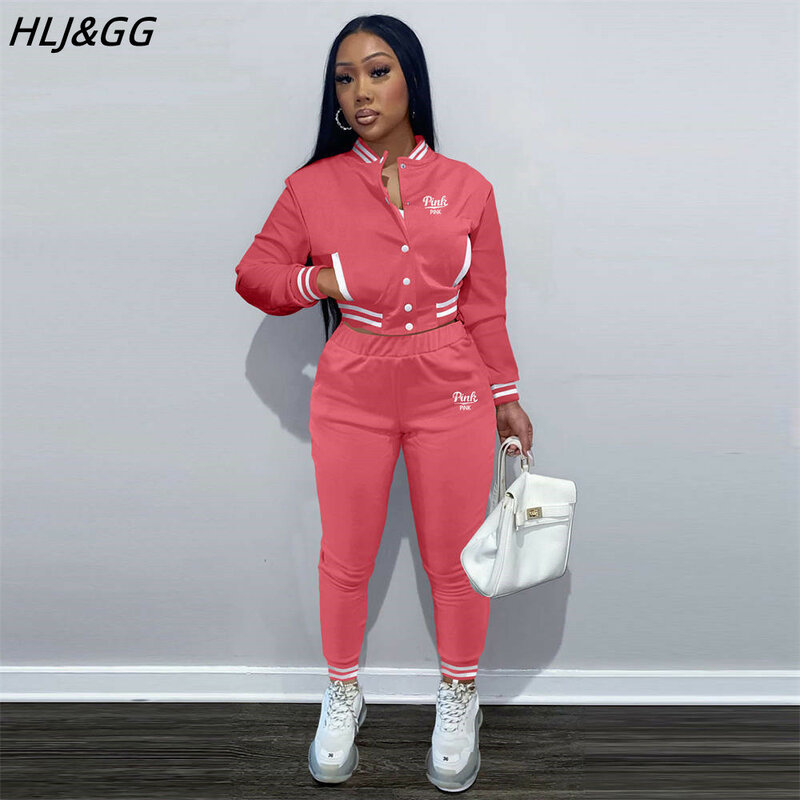 HLJ & GG Mulheres Sportswear Baseball Uniforme 2 Peça Set Carta ROSA Imprimir Casaco Jacket + Calças Tecidos Moda Primavera Clubwear