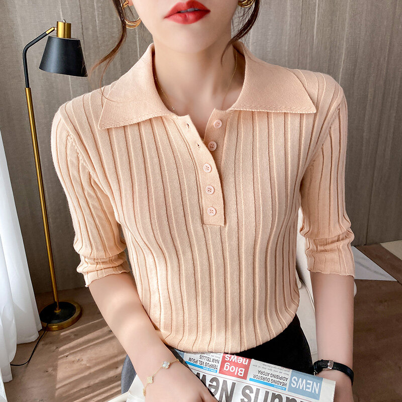 여름 100% 코튼 니트 일곱 Sleeve 여성 스웨터 폴로 넥타이 버클 핏 스트립 패션 티셔츠 얇은 바닥 레이어