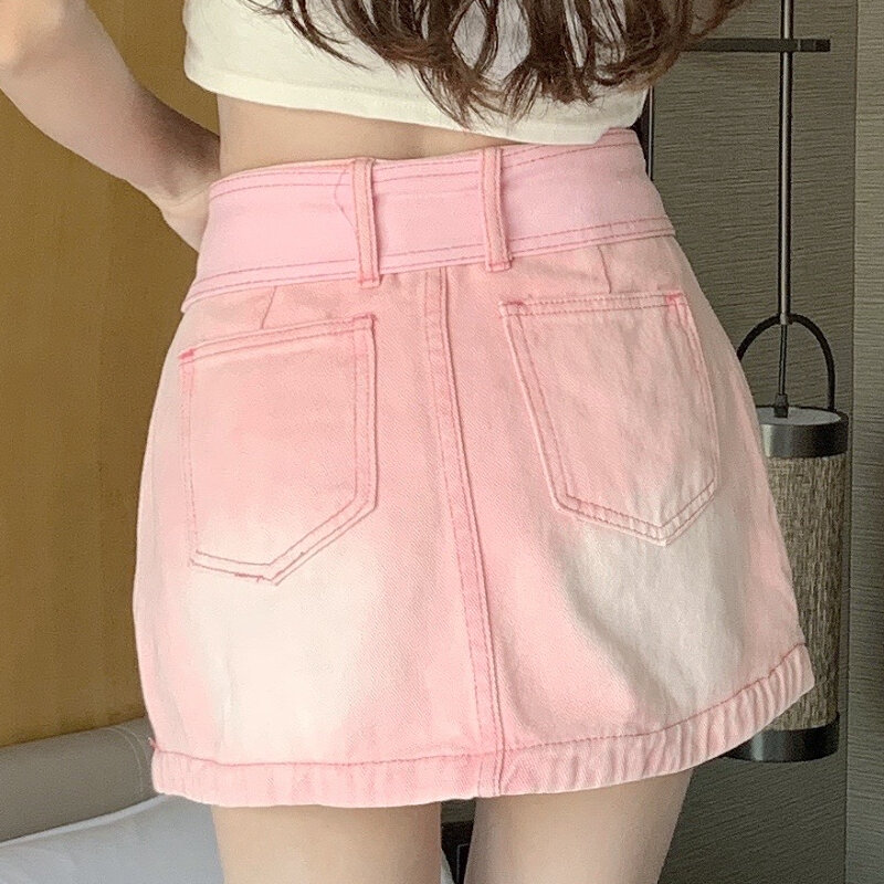 Mini Skirt Women's Pants Skirt High Waist  A-line Denim Skirt Y2K Jean Skirt Belted Fashion Pockets Pink Denim Short Skirt 500D