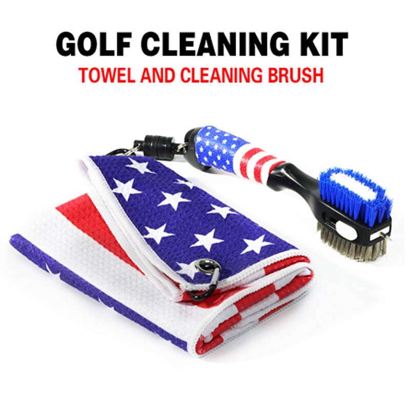 Toalha de golfe escova de limpeza de golfe conjunto de limpeza de calha conjunto bandeira americana sulco mais limpo cerdas pode ser personalizado logotipo
