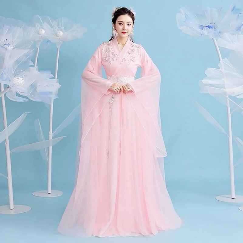Casaco de manga grande novidade rosa feminino cosplay fada imortal hanfu nova flor nova fase desempenho roupas malha vestido hanfu