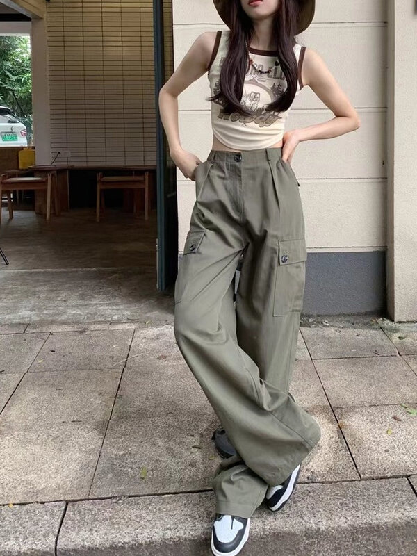 HOUZHOU Vintage 90S Streetwear สีเขียว Cargo กางเกงยีนส์ผู้หญิง Y2K Hippie Harajuku ขนาดใหญ่ขากว้างกางเกงหญิงกระโปรง Denim กางเกง