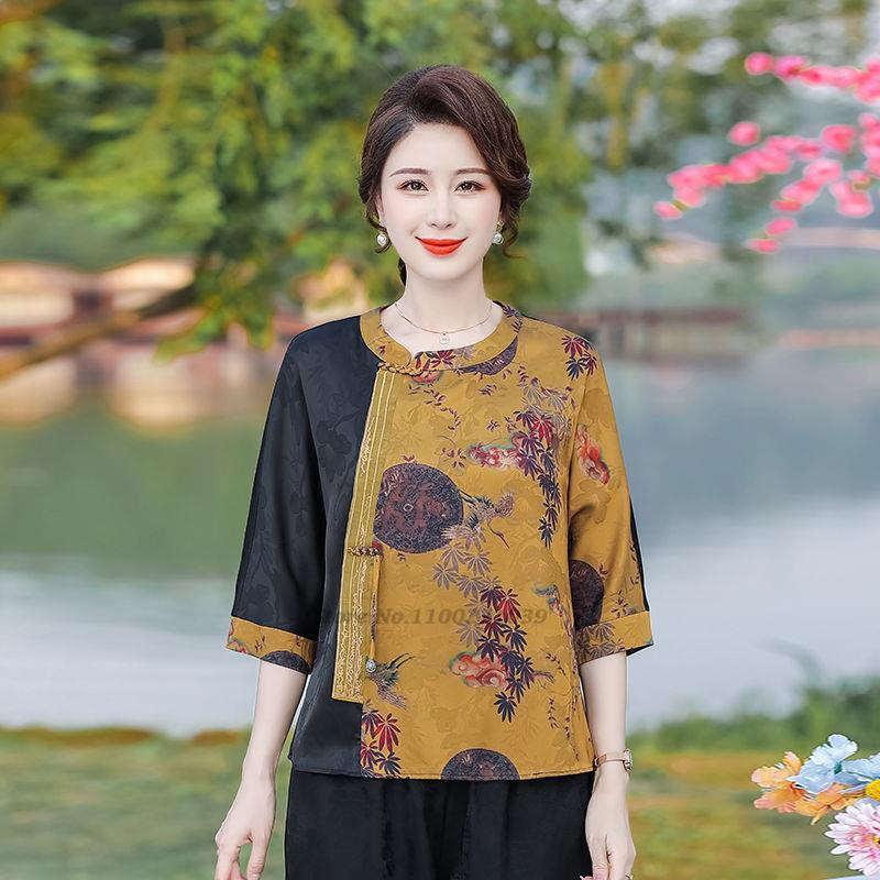 Ropa tradicional china para mujer, top retro con estampado de flores, tops de mujer, traje tang oriental elegante, blusa China 2022