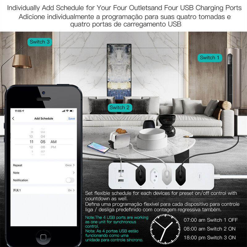 WiFi บราซิล Smart Power Strip Surge Protector 4ปลั๊กบราซิล BR ช่องซ็อกเก็ต USB ประเภท C Tuya App ควบคุมเสียงโดย Alexa Google