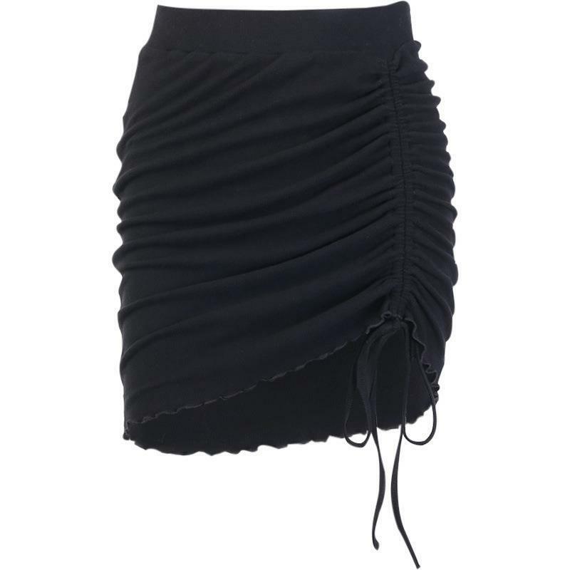 불규칙한 짧은 치마 엉덩이 랩 스커트 2022 여성 여름 패션 Drawstring 높은 허리 스커트 블랙 얇은 섹시한 Y2k 의류 Traf