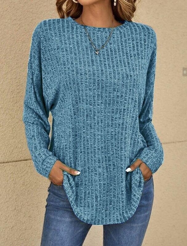 2023 Autumn Winter New Women's Round Neck Pit Stripes Abrasion Solid Colour Casual Loose Splicing Long-sleeved T-shirt Commute