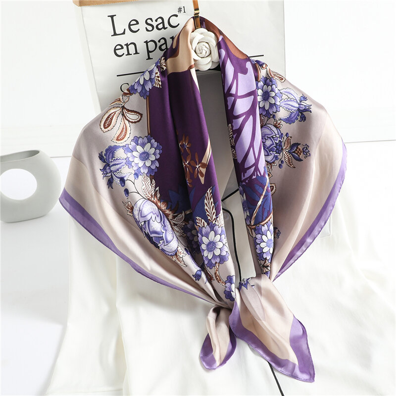 Lenço quadrado de cetim de seda floral feminino hijab bandana cabelo muçulmano wrap xales bandana lenço feminino neckerchief silenciador foulard 90*90cm