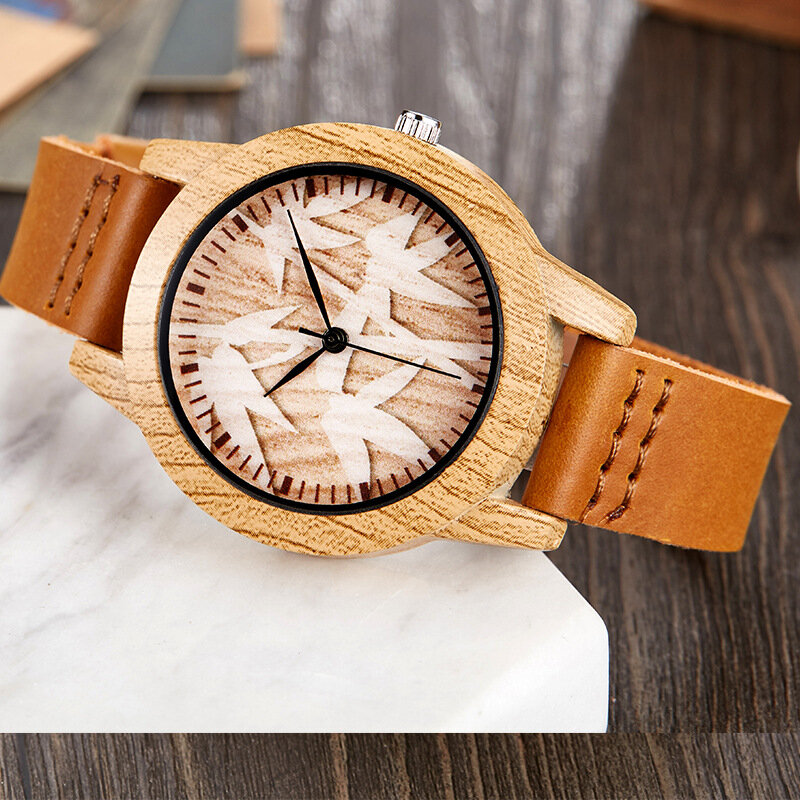 Jam tangan kayu alami untuk pria wanita, jam tangan pasangan kayu tali kulit sapi jam kuarsa untuk pria dan wanita
