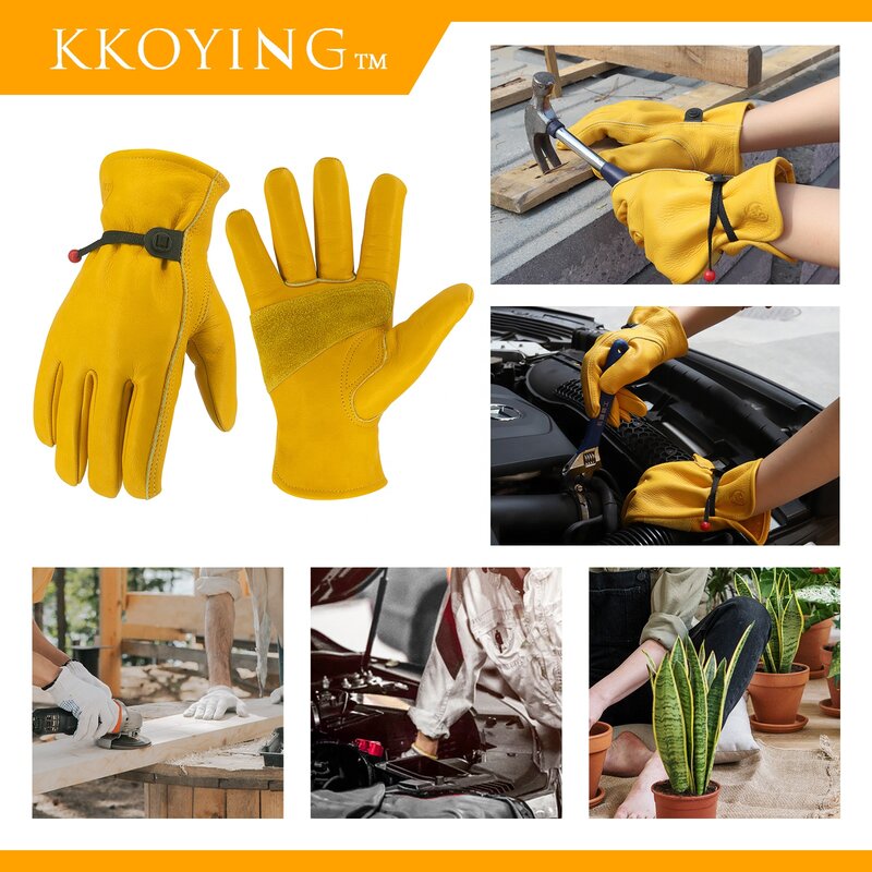 KKOYING Cowhide Leather Work Gloves Motorcycle Gloves Non-slip Driving Gloves