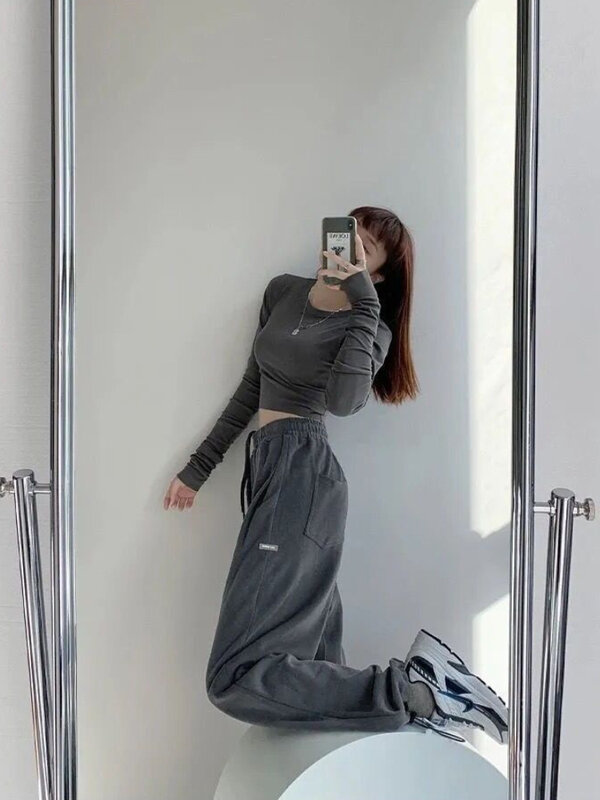 Y2K kobiety spodnie dresowe koreański styl luźne w stylu Casual sportowe spodnie Streetwear Oversize jednolity wysoki talii spodnie z szerokimi nogawkami 2023