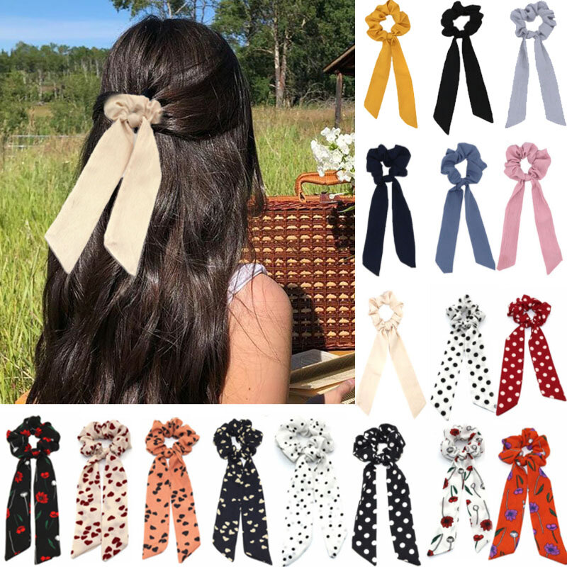 Fashion Solid Color Scrunchies Long Ribbon Ponytail Scarf Hair Ties for Women Girls Elastic Hair Bands Hair Accessories