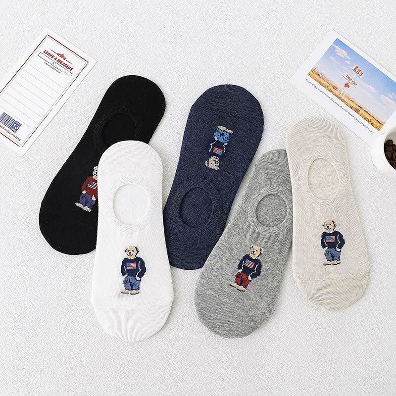 5pair/lot Fashion Men's Boat Socks Cartoon Bear Summer Autumn Non-slip Invisible Silicone Cotton Ankle Slippers Socks Retro