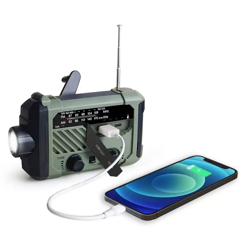 Radio Portabel Engkol Tangan AM FM NOAA Darurat 3-In-1 Lampu Baca Senter Pengisi Daya Surya 2000MAh Bank Daya untuk Ponsel