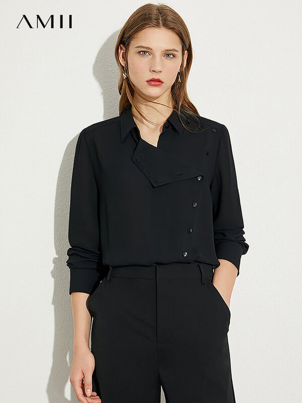 Amii minimalismo outono chiffon camisa para as mulheres moda turndown colarinho assimétrico fino blusa senhora do escritório feminino topos 12230407