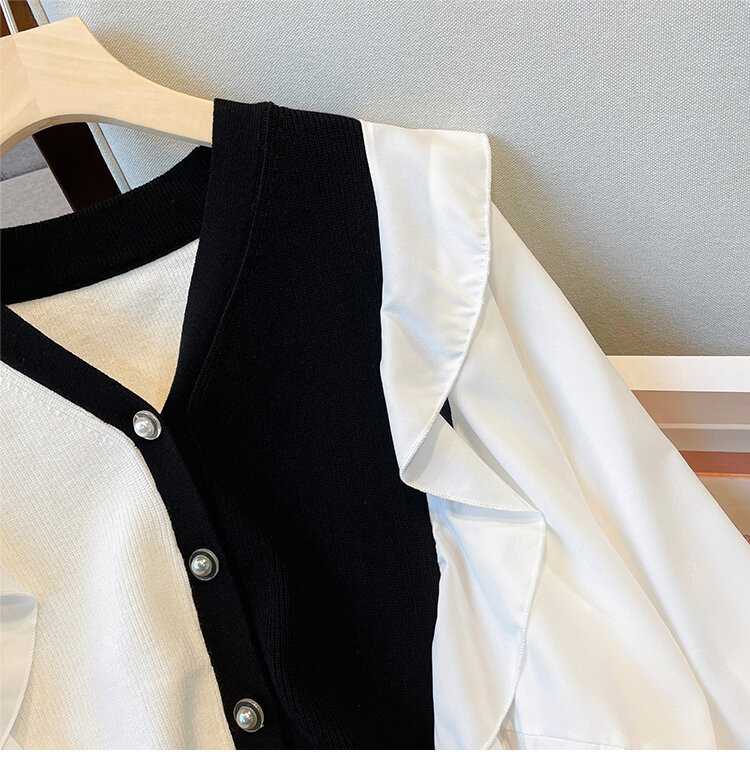 Chemise à manches longues contrastées pour femme, nouveau Design, col en v, à volants, ample, tricoté, couture, Cardigan, mode, automne hiver
