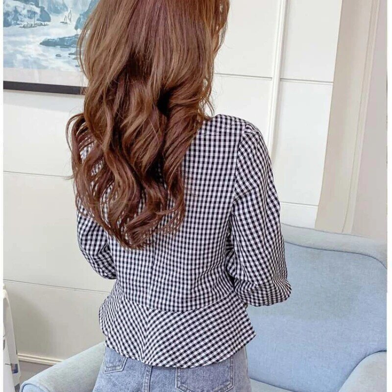 Moda retro xadrez em torno do pescoço camisa de manga curta das mulheres 2022 verão novo ajuste fino cinta blusa curta topo feminino