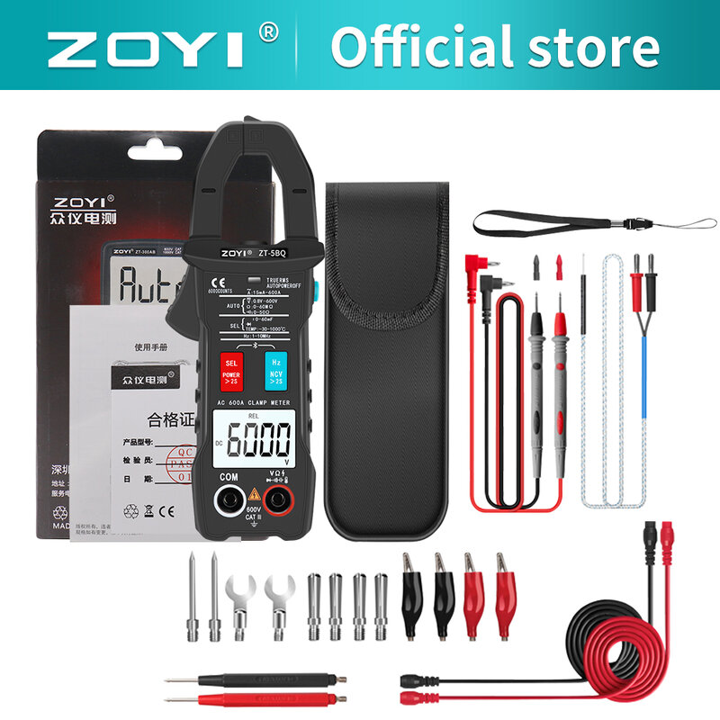 ZOYI-Medidor de abrazadera Digital 5BQ, 600A, RMS verdadero de corriente, amperímetro inteligente, rango automático 6000, multímetro CC, CA, voltaje Hz, Ohm, NCV