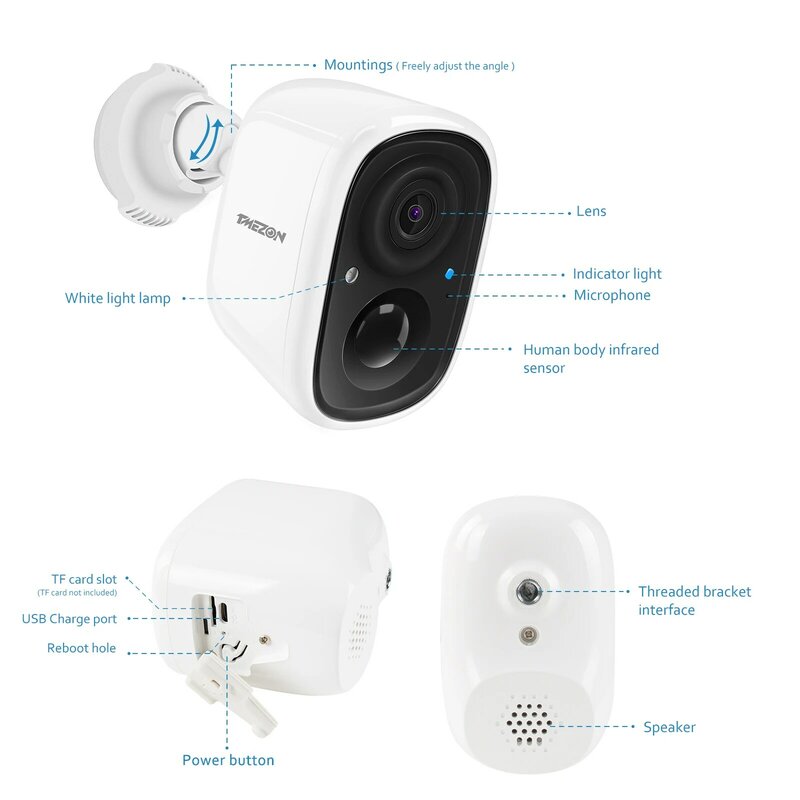 TMEZON – caméra de surveillance extérieure IP WIFI hd 1080P (PIR Motion), dispositif de sécurité sans fil, avec batterie Rechargeable et Audio bidirectionnel, étanche IP65