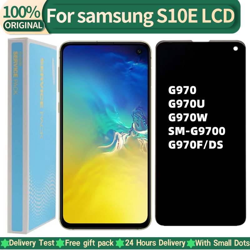 LCD AMOLED S10E 100% Asli untuk SAMSUNG Galaxy S10E G970 G970F G970F/DS Display Layar Sentuh Pengganti Digitizer dengan Dots