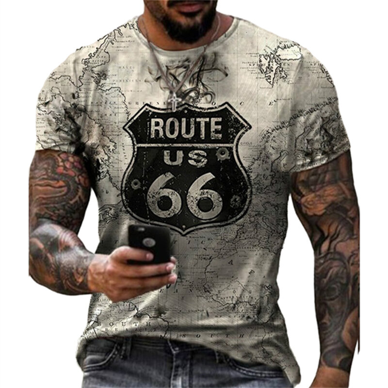 Zomer Vintage Heren T-Shirt Streetshirt 66-weg 3d Bedrukt T-Shirt Voor Mannen Mode Korte Mouwen O-hals Oversized Mannelijke Kleding