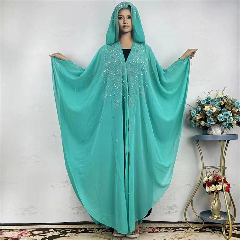 MD Arabic Bangladesh Women Chiffon Abaya Dubai Turkey Muslim Hooded Dress 2023 Vetements Diamond Shiny Boubou Long Sleeve Dress