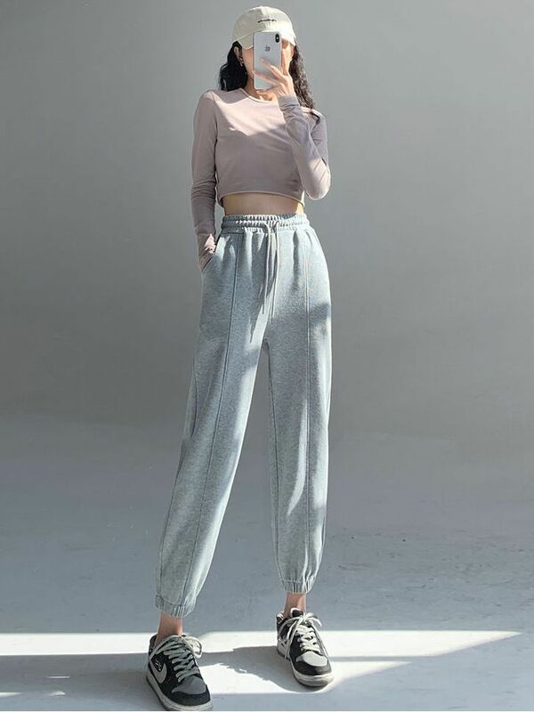 Pantalon de survêtement gris pour femmes, taille haute, bouffant, ample, décontracté, nouvelle collection 2022