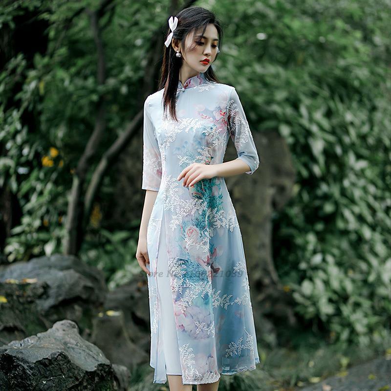 Vestido chino elegante de ao dai cheongsam, vestido oriental de aodai, qipao, ropa de vietnam, vestido de fiesta elegante, qipao, 2023