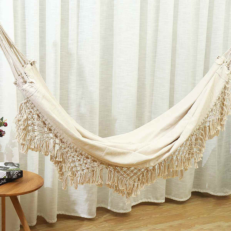 1 pc tassel hammock casa ao ar livre de pouco peso lona redes tecido pendurado cama cama dormir cadeira rede estilo europeu