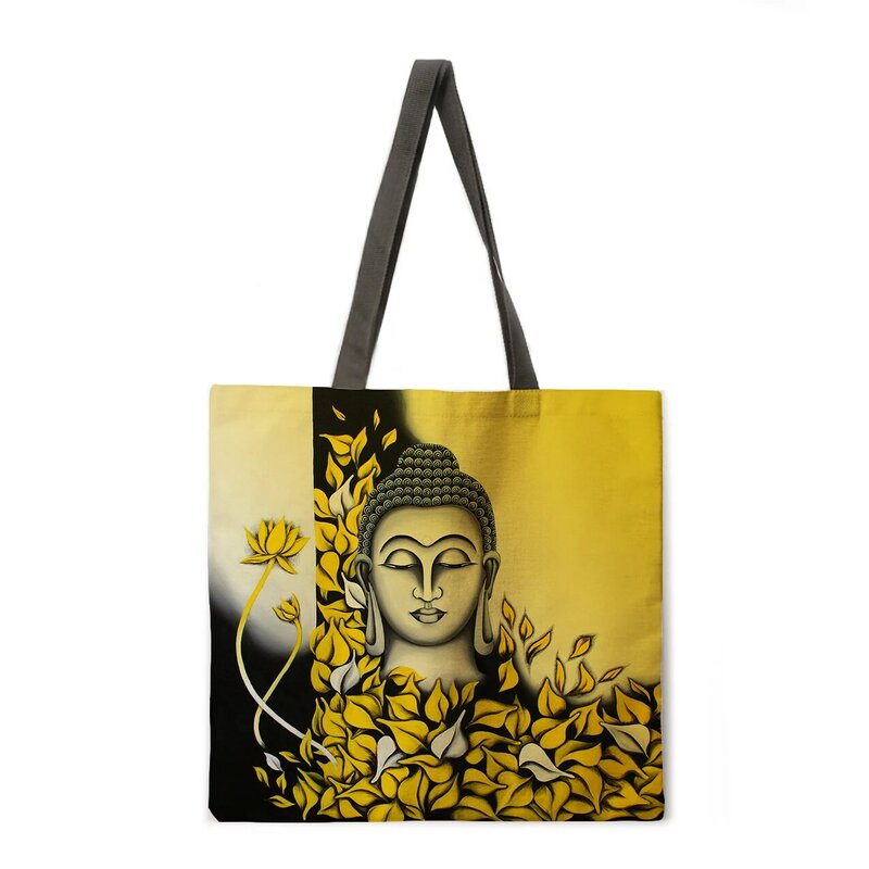 Borsa da spiaggia da donna modello buddista borsa a tracolla pieghevole borsa per la spesa borsa stampata borsa Casual in lino riutilizzabile