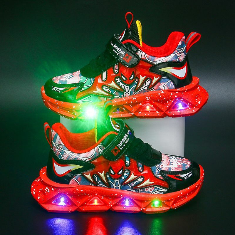Disney-zapatos informales para niños, zapatillas deportivas de malla con luces LED transpirables para niños y bebés, color azul y rojo