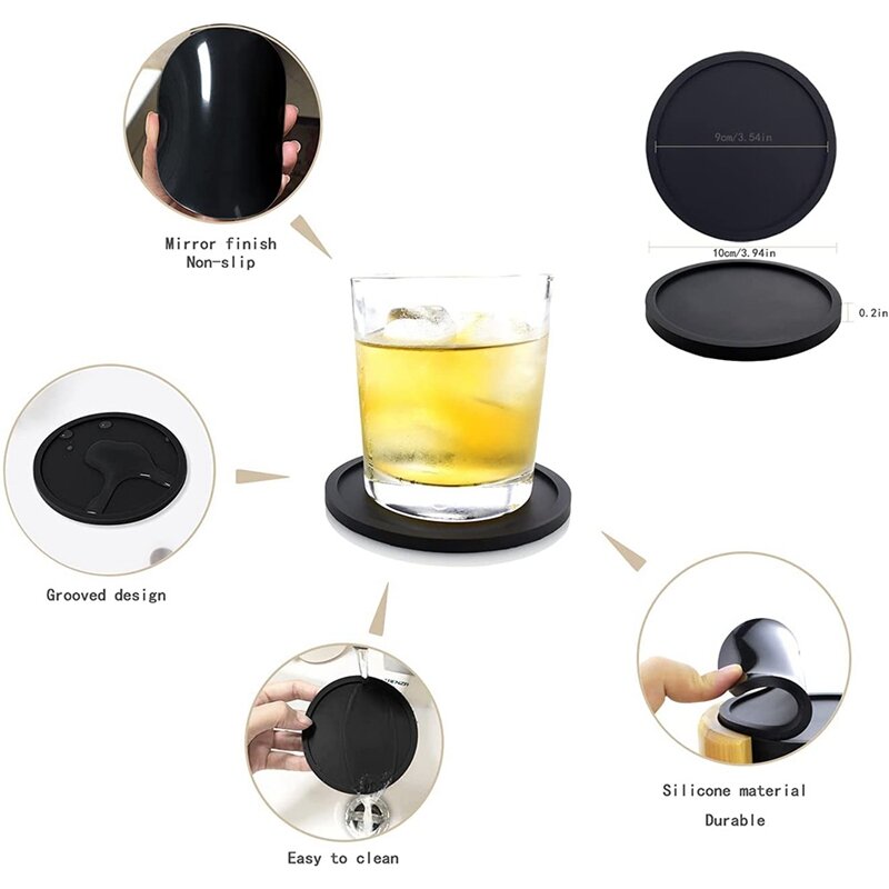 Conjunto de porta-copos para bebidas de 8, porta-copos de silicone preto para proteção de ambiente de trabalho, antiderrapante, resistente a manchas, não absorvente