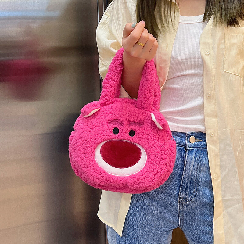 Bolso de mano de oso de fresa para niña, muñeco de peluche de la serie de pino japonés, bolso de mano de terciopelo de cordero, regalo para niña