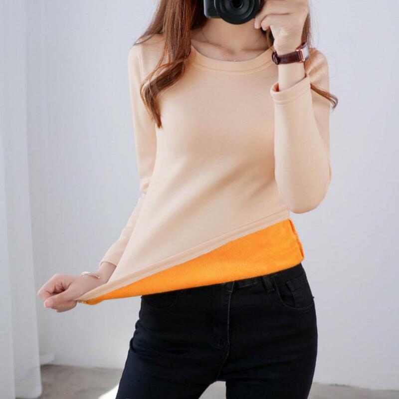 Trendy Women Pullover Top Skin-touch Thermal Blouse O-Neck Stretch Fleece Lined Pullover Top  Keep Warm