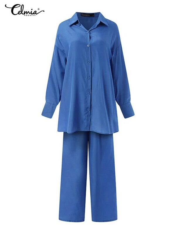 Celmia Streetwear Set Celana Dua Potong Kebesaran 2022 Setelan Longgar Wanita Kasual Fashion Kemeja Panjang Berkerah dan Setelan Celana Kaki Lebar