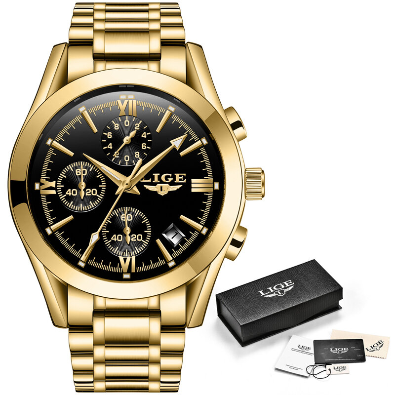 LIGE-남성용 럭셔리 브랜드 시계, 유명 브랜드, 패션 캐주얼 크로노그래프 밀리터리 쿼츠 손목시계