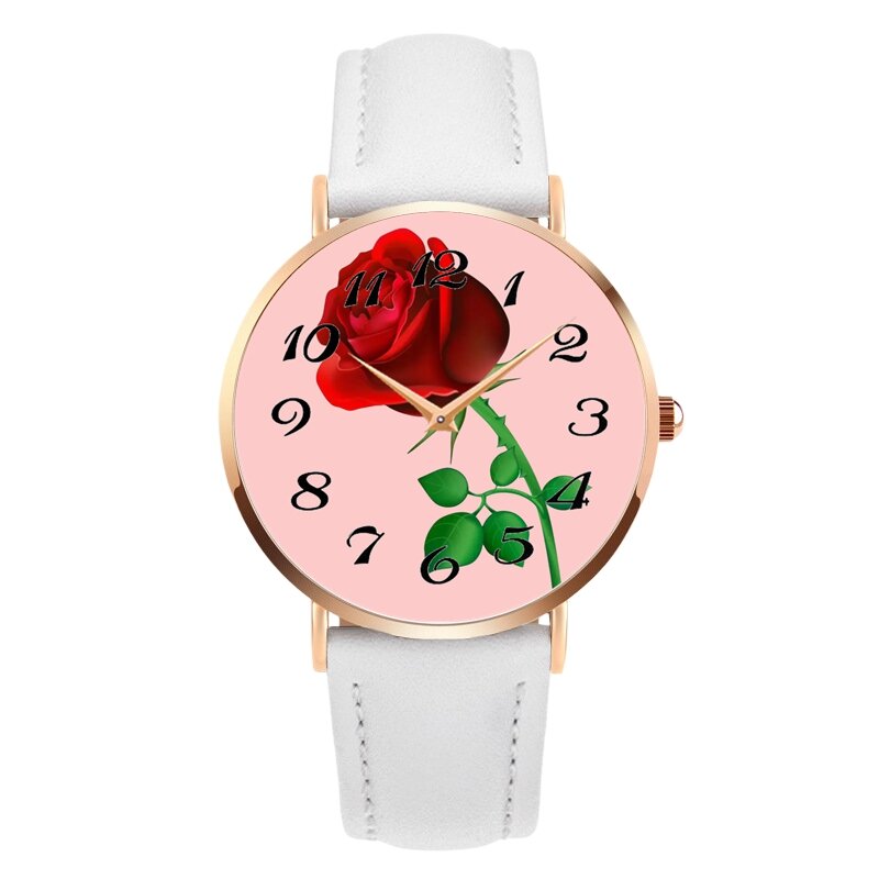 Nuevo reloj de pulsera de cuarzo Digital con correa de cuero y flores rosas rojas para mujer