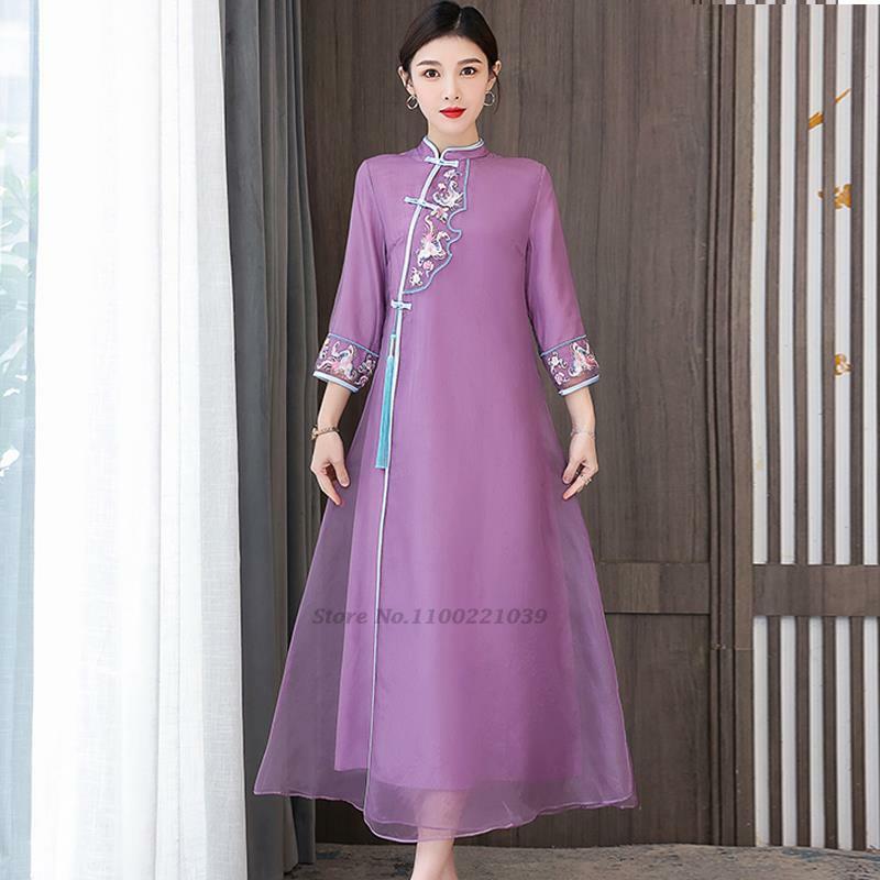 Vestido chino tradicional de gasa, qipao nacional, bordado de flores, cheongsam oriental, elegante, para fiesta de boda, 2023