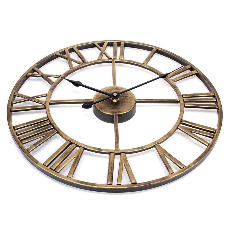 Wall Clock 40cm/16'' Large Industrial Clock with Roman Numerals Non Ticking Retro Metal Watch for Living Room Home Office Decor