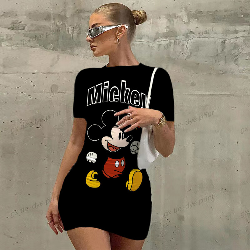 Mini vestido de manga curta feminino Disney Minnie Mickey Mouse, cintura apertada, bolsa sexy, quadril, temperamento, novo, verão, 2023